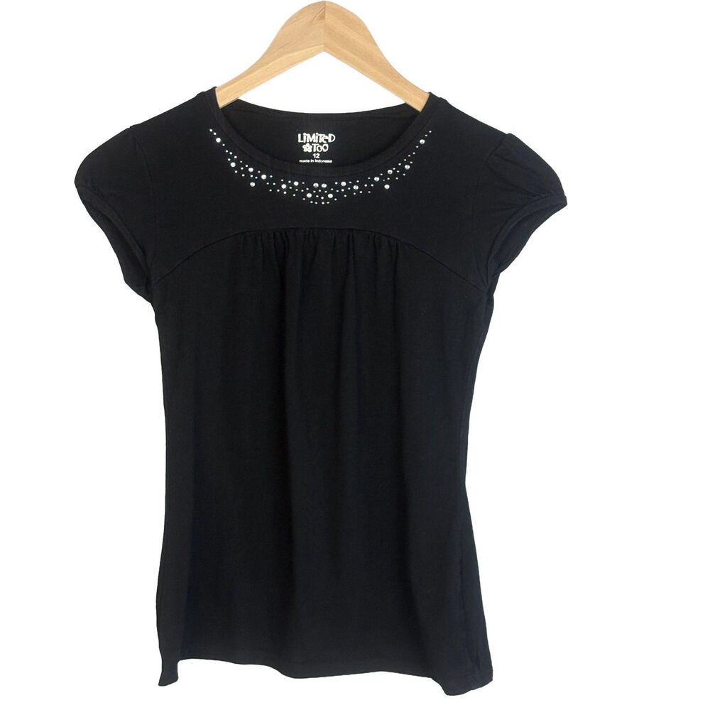 Vintage 2000s Limited Too Babydoll Top Girls 12 Black Rhinestone Bling Y2K